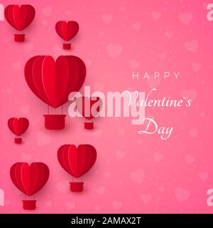 Valentine`s day greeting card with paper cut red heart shape balloon flying on pink background with hearts. Vector illustration Stock Vector